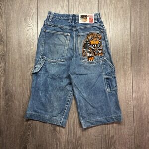 Vintage Mecca Embroidered Dog Wide Leg Jean Shorts Hip Hop Skater 26"